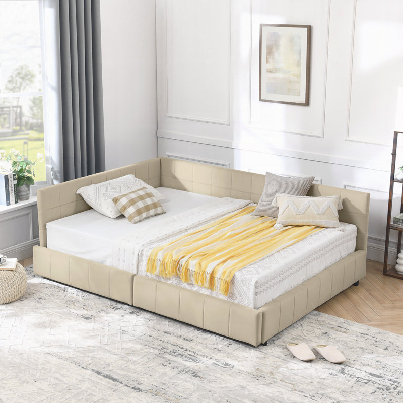 Storage Upholstered Tufted Bed Frame, Sofa Bed Frame with Comfortable Backrest and Armrests, Beige, Full