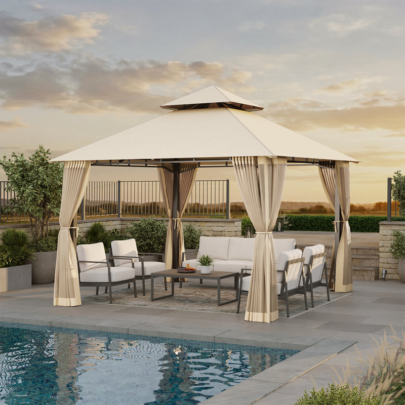 10' x 10' Heavy Duty Patio Gazebo with Extended Eaves - Stable Frame Double Roof Pavilion with Netting and Built-In Drainage