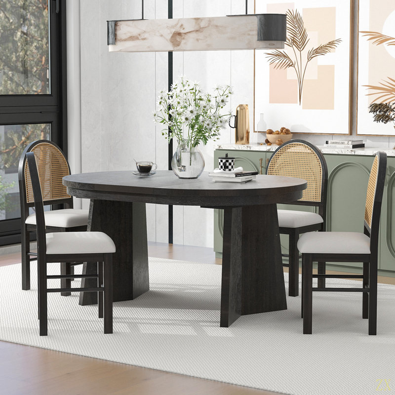 Ensemble de salle à manger 5 pièces avec 1 table de salle à manger extensible et 4 chaises rembourrées avec dossier en rotin pour la salle à manger et la cuisine