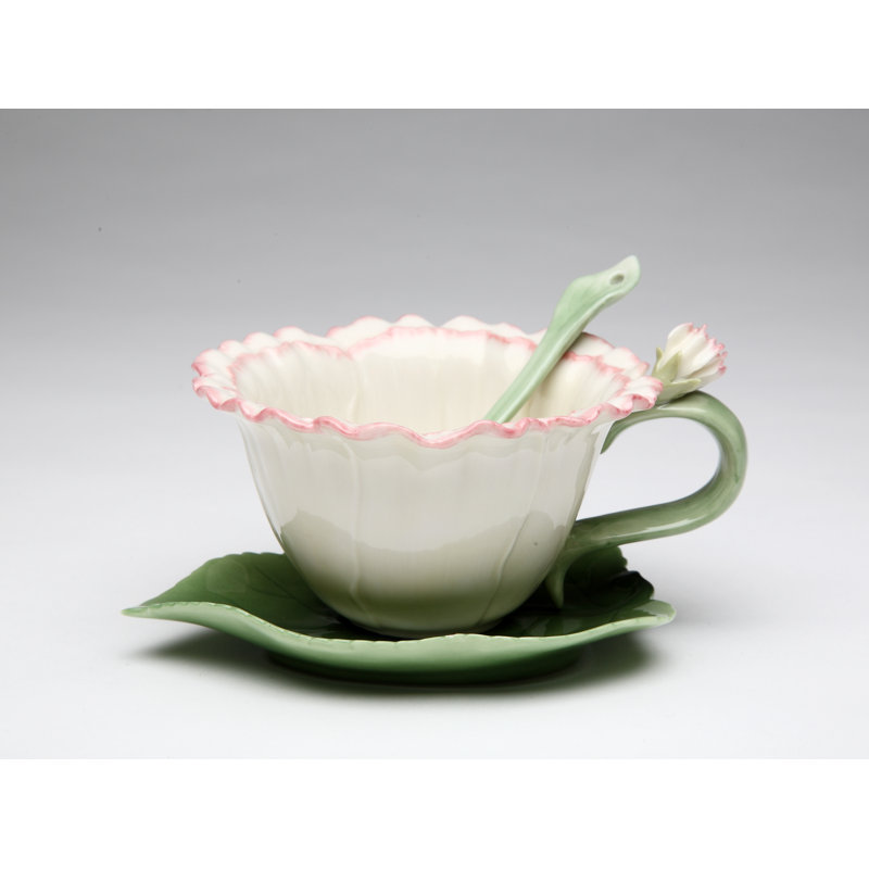 White and Green Ceramic Flower Cup and Saucer Set with Spoon