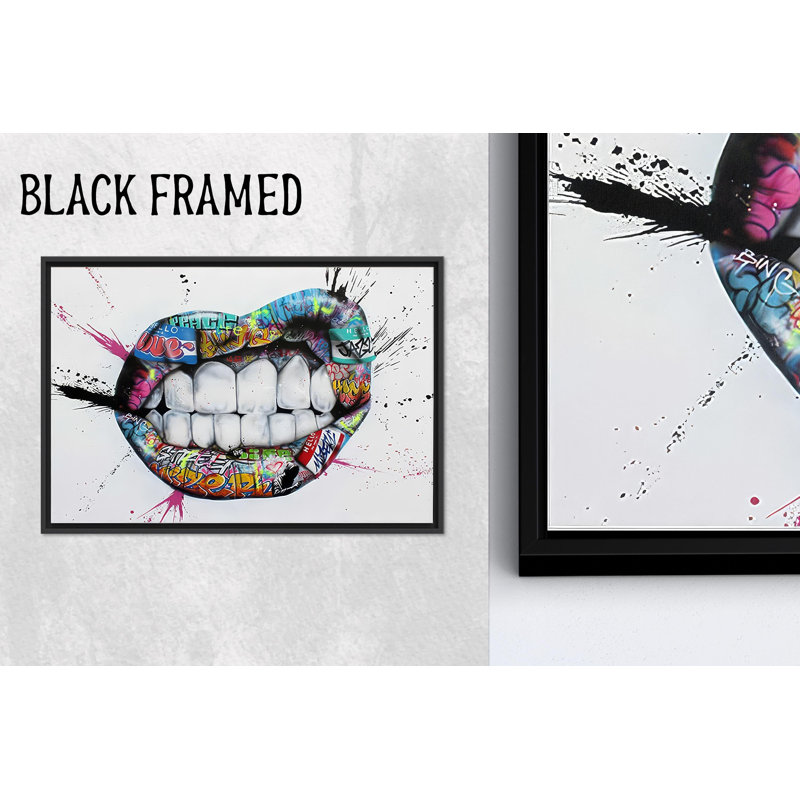 Dents de graffiti de style Banksy: Toile imprimée d'art moderne en verre, toile noire encadrée 1P, H: 11,9 po x l: 15,8 po
