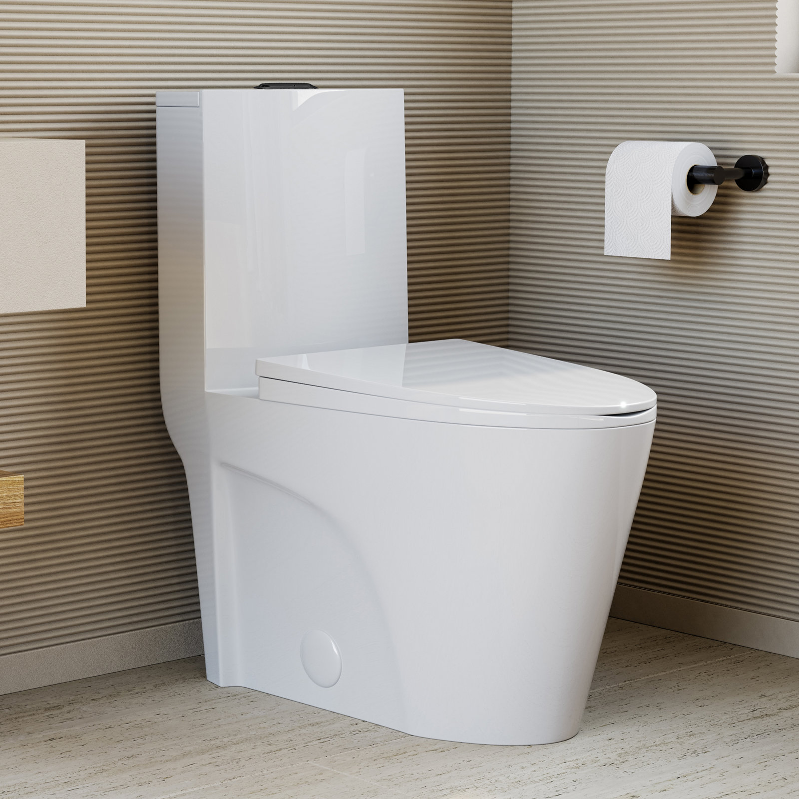 St. Tropez 1-Piece Elongated Toilet, Top, 10" , Glossy White + Black Hardware 