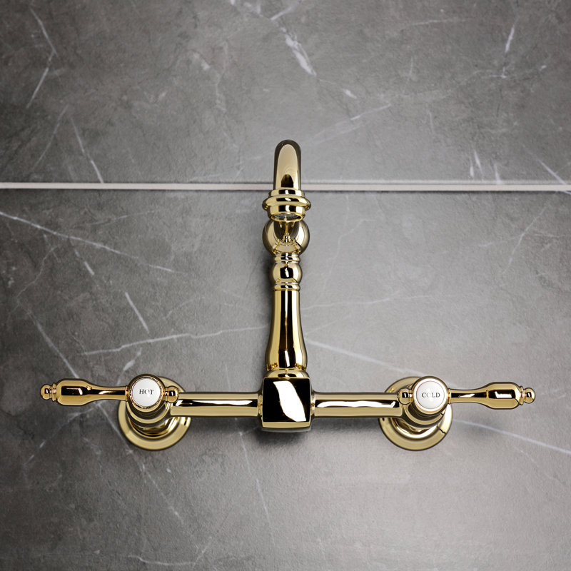 Kingston Brass Tudor Double-Handle 2-Hole Wall-Mount Bridge Kitchen Faucet, Polished Brass