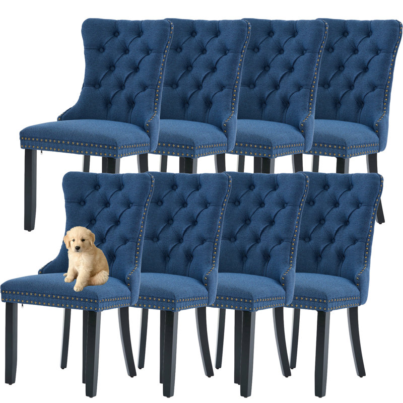 Chaises de salle à manger capitonnées en lin massif (ensemble de 8), Noir, Bleu