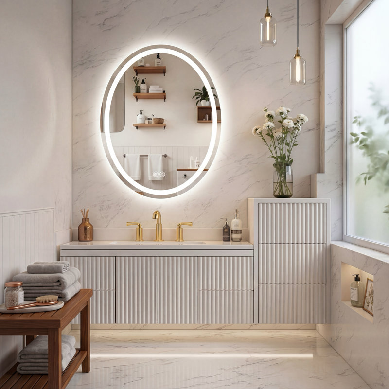Lunara UL Certified Oval LED Wall Mirror with Bright Front Light&Backlit 192LEDs/m, 3-Colors Dimmable, Defogger, IP54 Waterproof