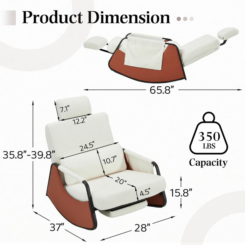 Rocking Chair With Retractable Footrest And Adjustable Backrest, White 