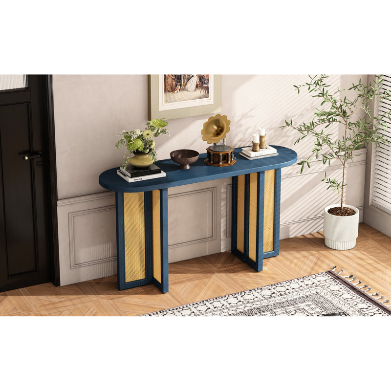 Console étroite pour entrée, style Mid-Century, fabrication en bois massif, option de rangement, table bleu marine, vestibule avec salon, plateau de table ovale, pieds