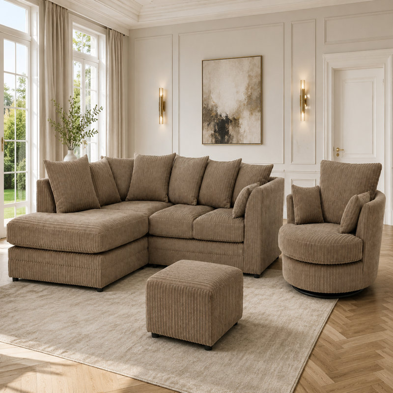 4 Seater Corduroy Sofa & Chaise, Right Hand Facing, Coffee Beige