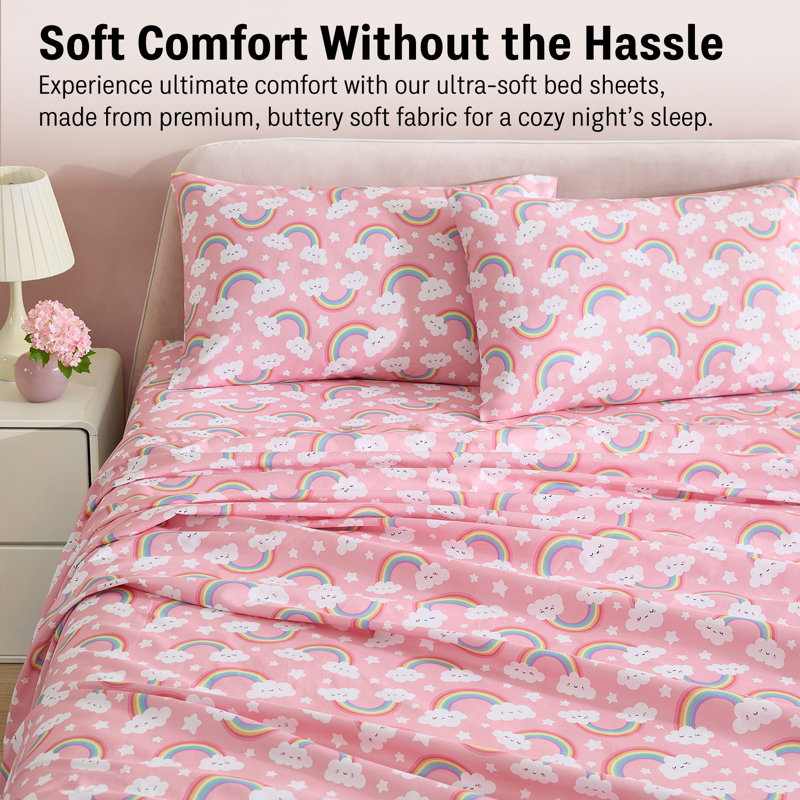 HLC.ME Pink Rainbow Printed Kids Bed Sheets - 4 Piece Patterned Bed Sheet Set - Wrinkle Resistant & Ultra Soft - Fits Mattresses up to 15 Inches Deep - Full
