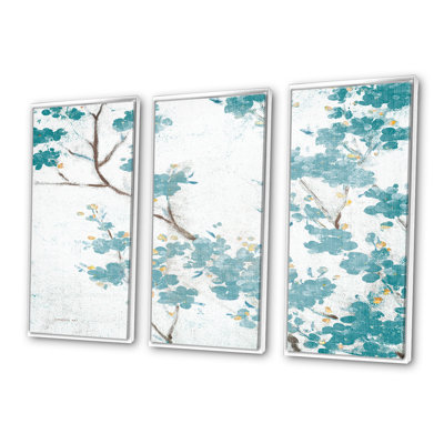 Teal Cherry Blossoms II - ensemble d'art mural sur toile encadré traditionnel de 3