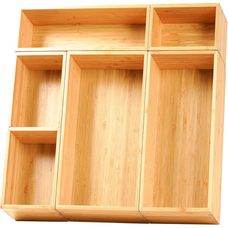 Boîtes de rangement pour tiroir, séparateurs de tiroir en bambou de 2,5 po de hauteur, 5 bacs réarrangables pour la cuisine, le bureau, les vêtements, le maquillage, la coiffeuse, les bijoux
