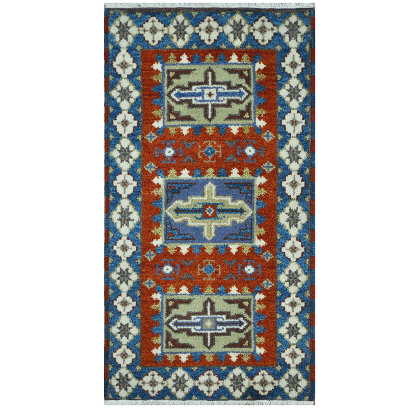 Tapis de zone en laine 2 pi x 4 po one-of-kind noué la kazak rouille