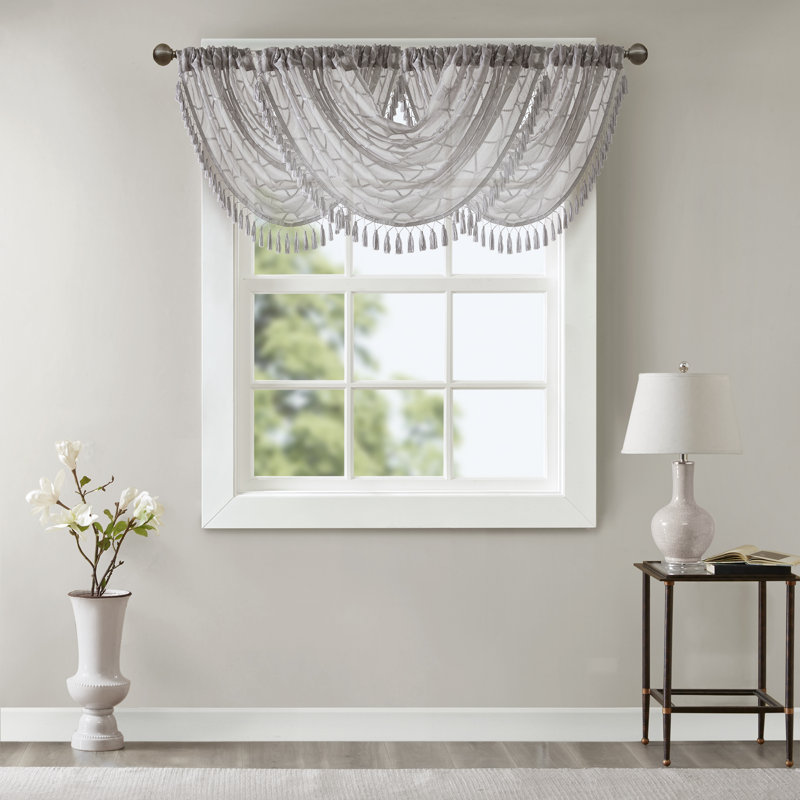 Irina Diamond Sheer Embroidered Single Waterfall Valance, Gray 