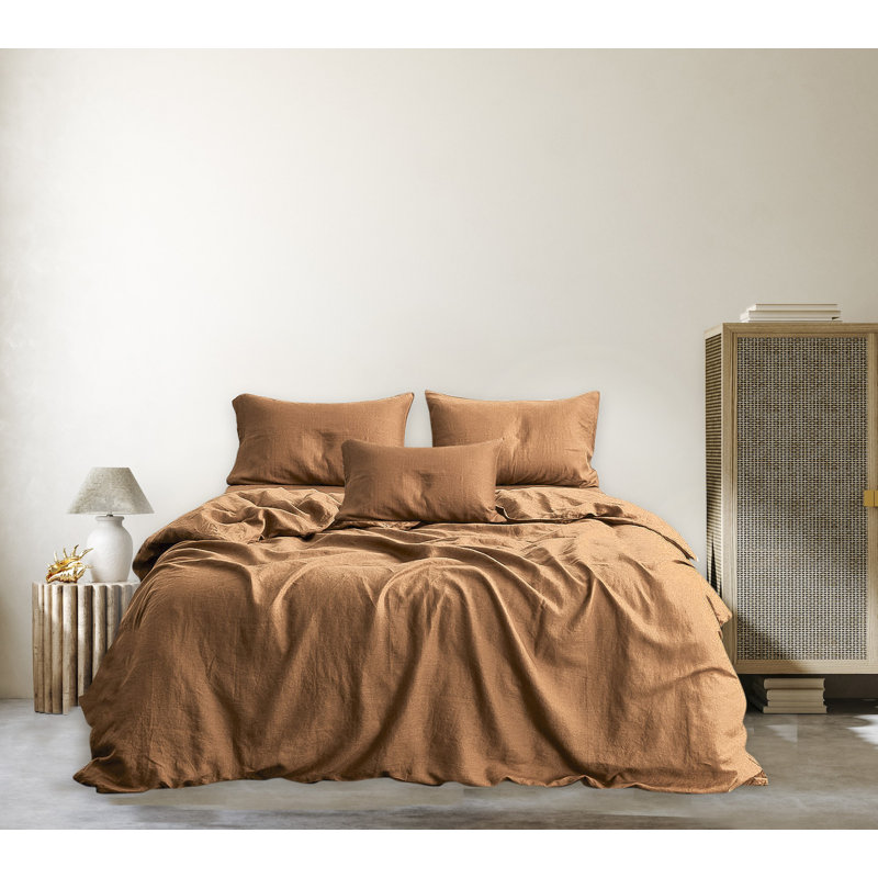 Ensemble de housse de couette en lin 3 pièces , Housse de couette double / double + 2 taies d'orei, Terre cuite