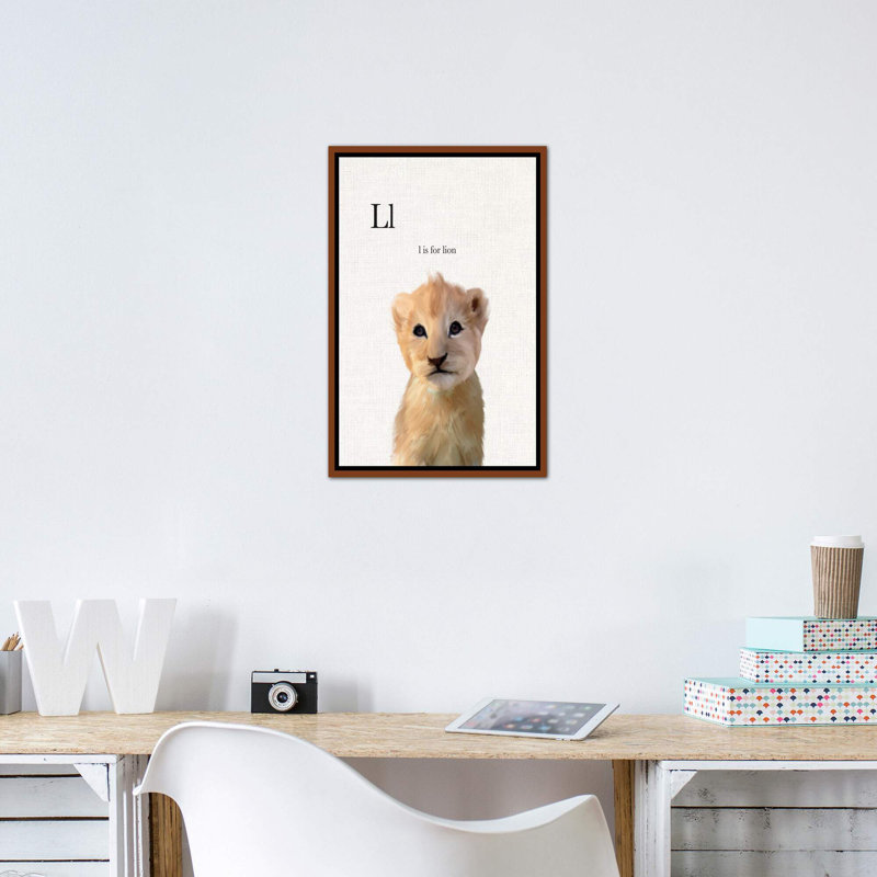 Décoration murale bébé lion en lin pour enfants, H 26 po x l 18 po x 1,5 po, Toile classique avec cadre brun
