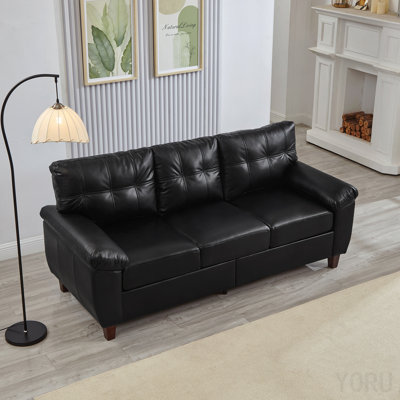 79" Three Seater Sofa Modern Design Faux Leather Couch,Living Room Sofa With Storage,Big Armrest Sofa,Upholstered Breathable Pu Leather Sofa,Black