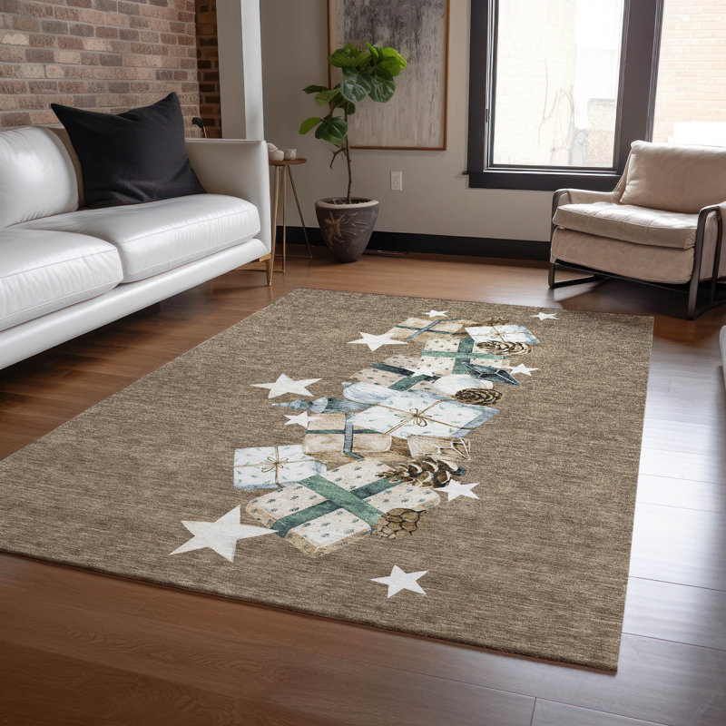 Machine Washable Indoor/Outdoor Christmas Presents Xhevrie Brown Rug, Rectangle 5' x 7'6"