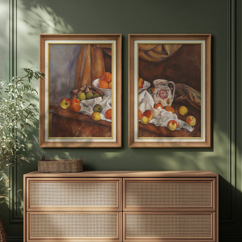 «Cezanne Style Fruit Still Life Table Arrangement Classic», ensemble de 2 reproductions d'art encadrées de qualité supérieure sur papier