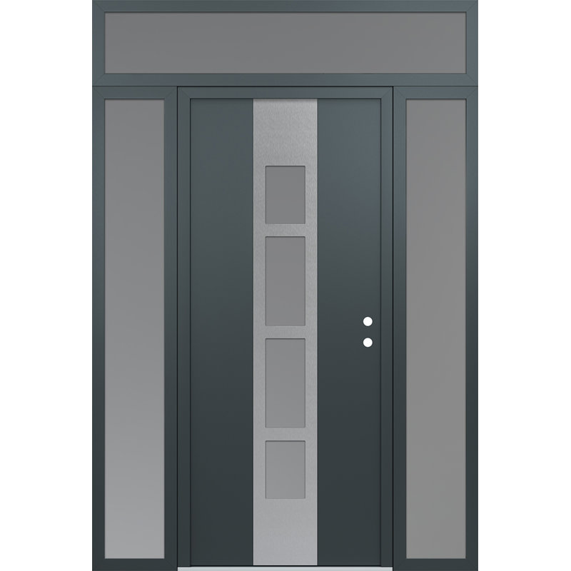 Porte d'entrée pré-suspendue en acier argenté Diamond A10 avec deux panneaux latéraux et une traverse, L 69 po x H 95,69 po
