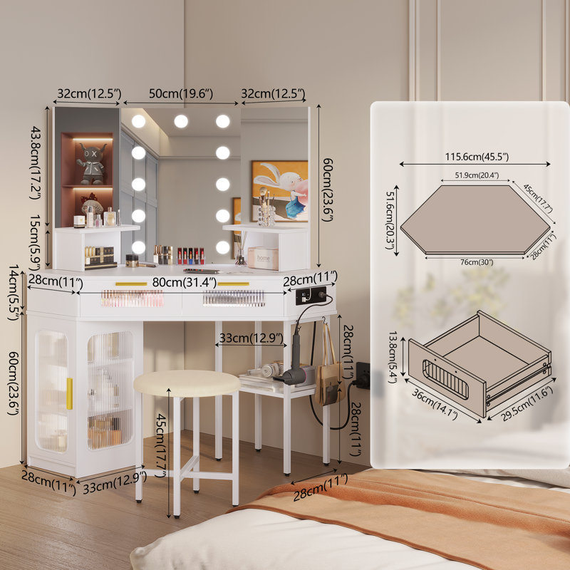 Dressing Table with Motion Sensor 3-colour lighting, Charging Socket, Storage Drawers and Stool, White