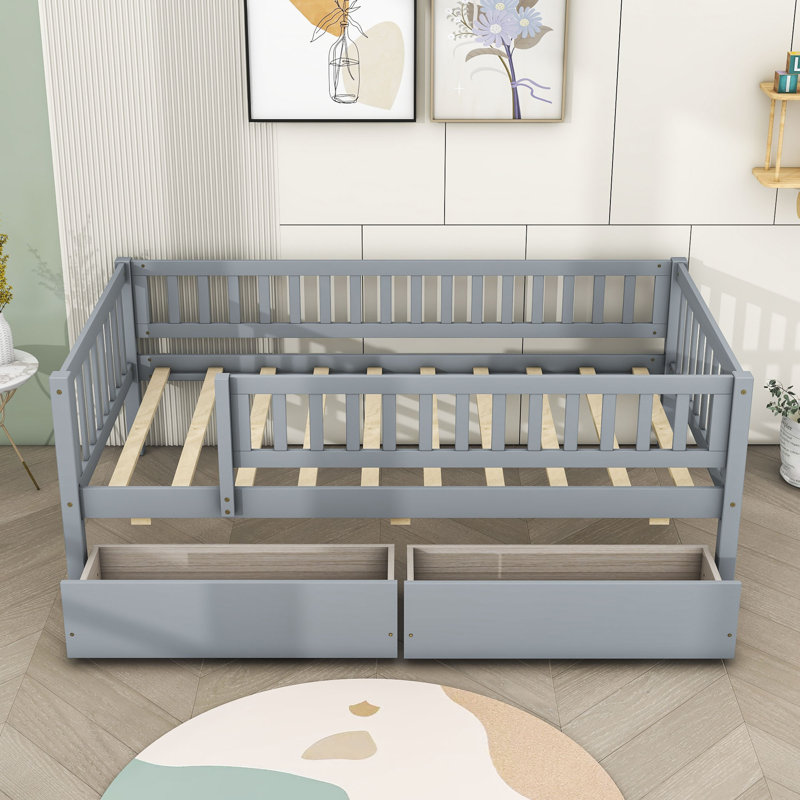 Lit en bois avec deux tiroirs, gris, Simple