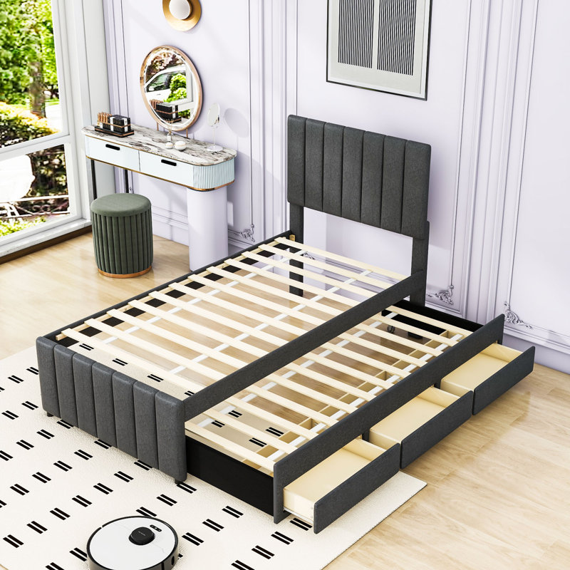 Lit plateforme tapissier avec lit gigogne et 3 tiroirs, Gris, Simple