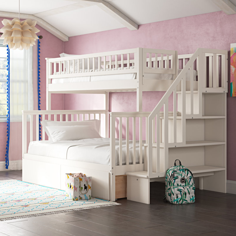 Ilariana Wood Bunk Bed with Staircase and Drawers, White, Twin over Full