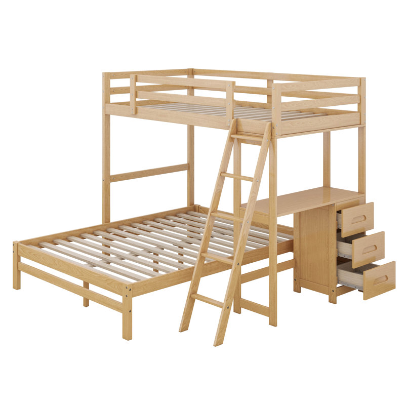 Lit simple superposé au dessus d'un lit double avec bureau et 3 tiroirs de rangement, cadre de lit superposé en bois massif pour enfants, adolescents, adultes