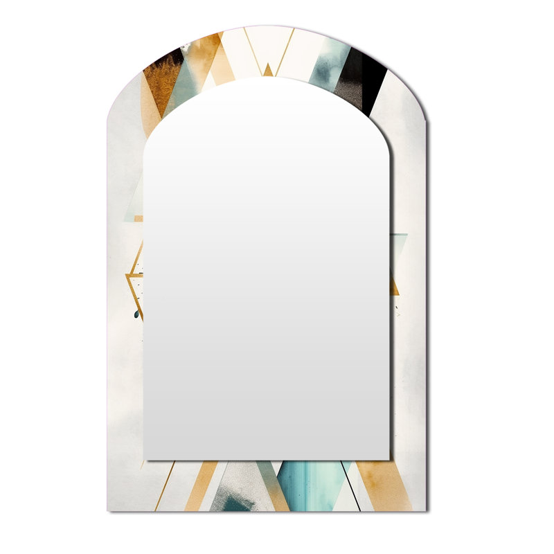 Green Triangle Boho IV - grand miroir mural arqué géométrique, miroir décoratif asymétrique vert, impression sur métal