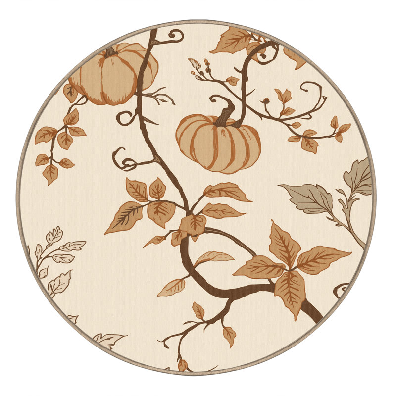 Machine Washable Ortencia Pumpkin Vine Country Rustic Floral Rug in Beige – Beige Binding, 6' Round