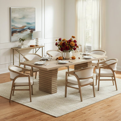 Prescott  Mid-Century Modern Rubberwood Upholstered 7-Piece Dining Set With 95-Inch Double Pedestal Table