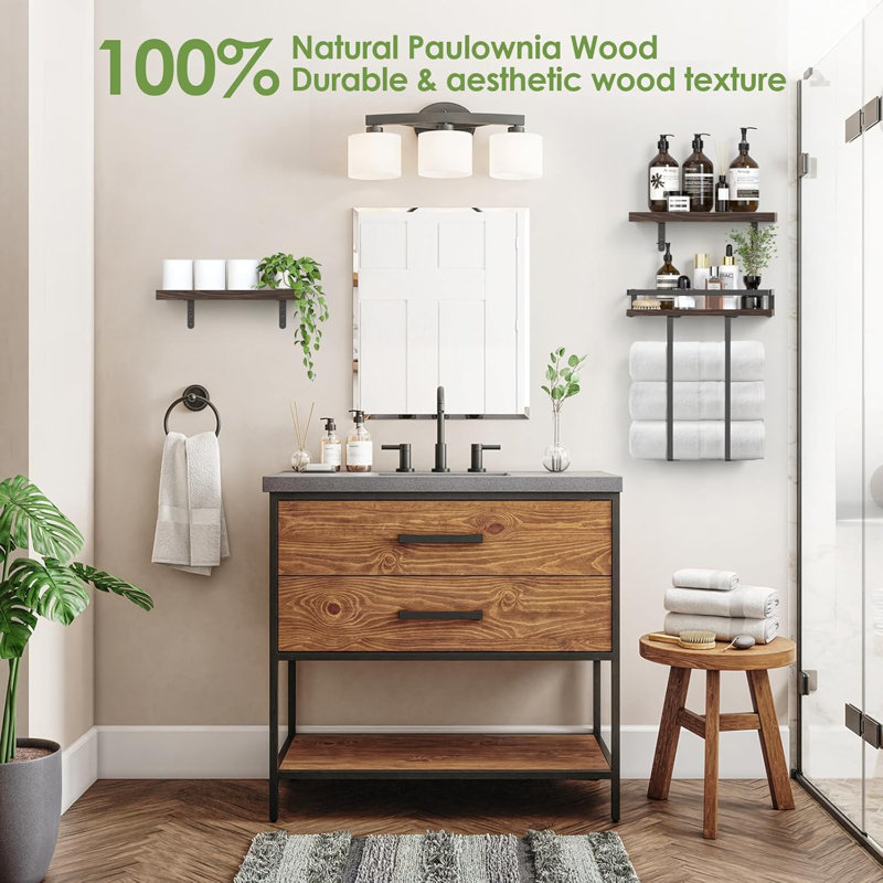 16 Inch Carbonized Rustic Brown Solid Wood Towel Rack - Wall Mounted Floating Shelf for Bathroom/Bedroom/Kitchen/Living Room