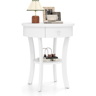 Round End Table With Drawer & Shelf, Vintage 2-Tier Side Table, White