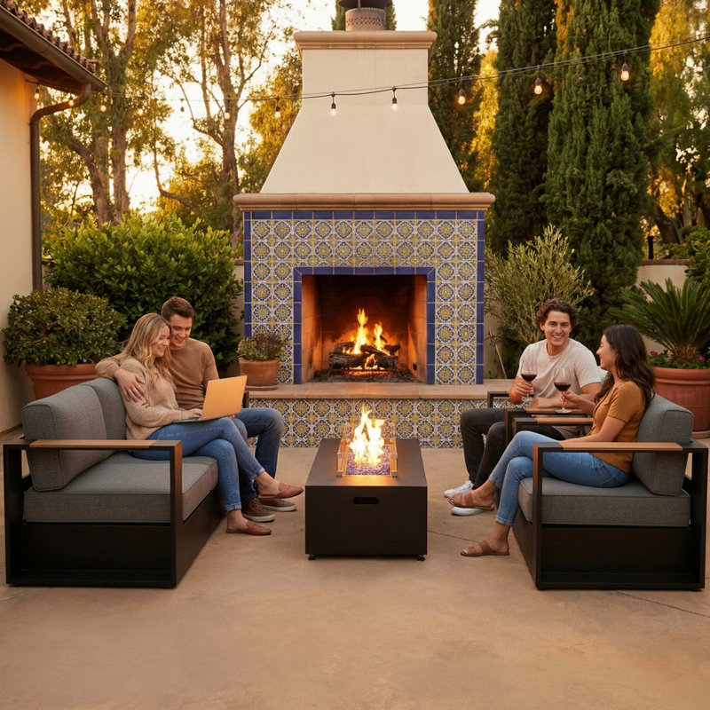  Outdoor Oversized Aluminum 4-piece Conversation Set With Firepit Table And 6-inch Cushion, 4 Pcs: 2 Chairs, Fire Pit, Sofa