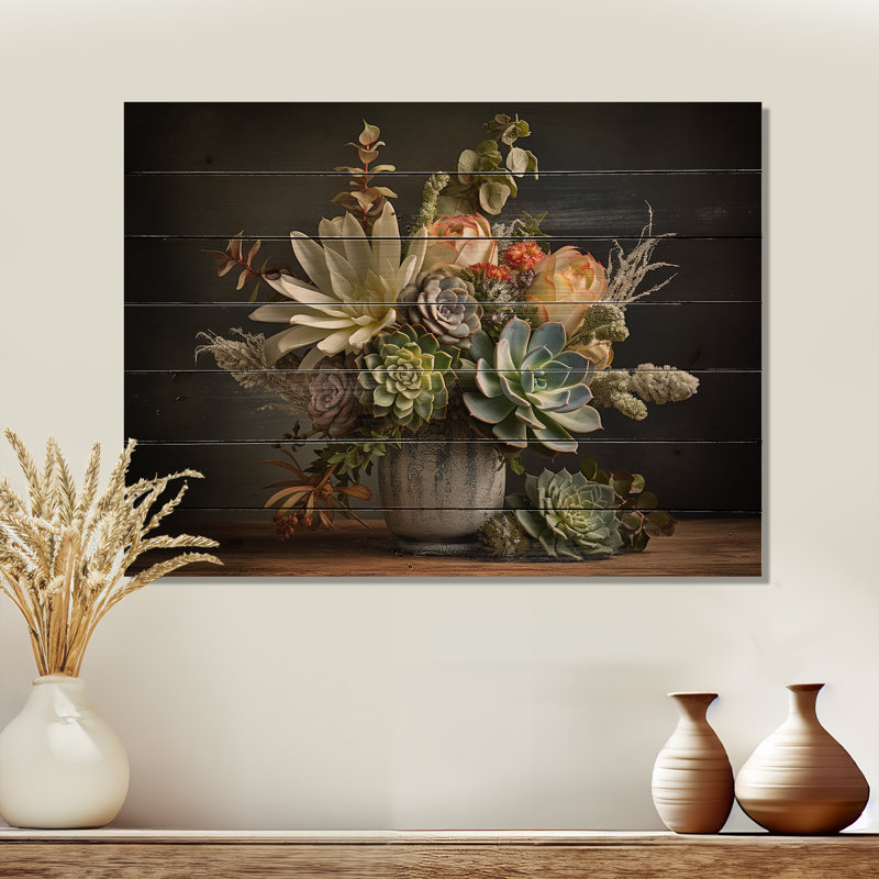 «Succulent Bouquet Still Life I», art sur bois de pin naturel, H 30 po x l 40 po