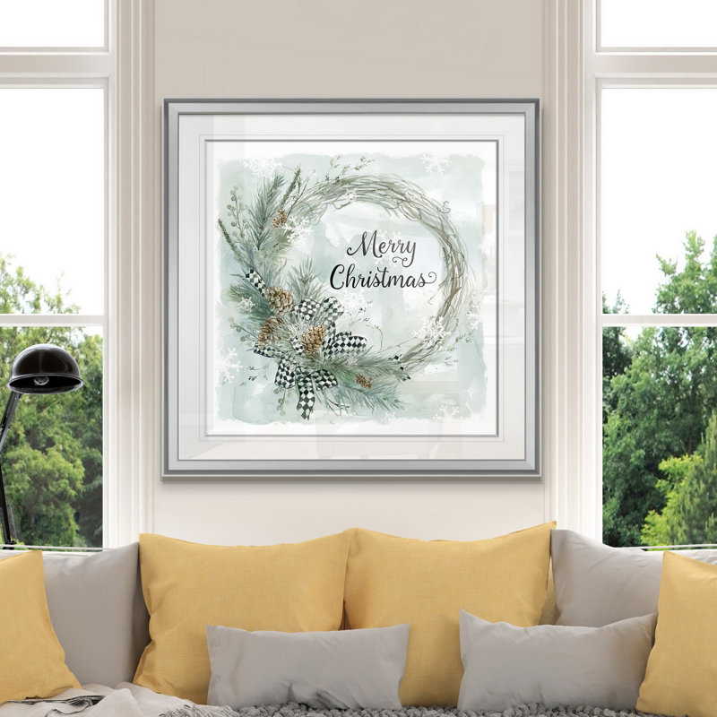 «Merry Christmas Pine Wreath», art textuel, H 28 po x l 28 po x P 1,5 po, Encadrement argenté