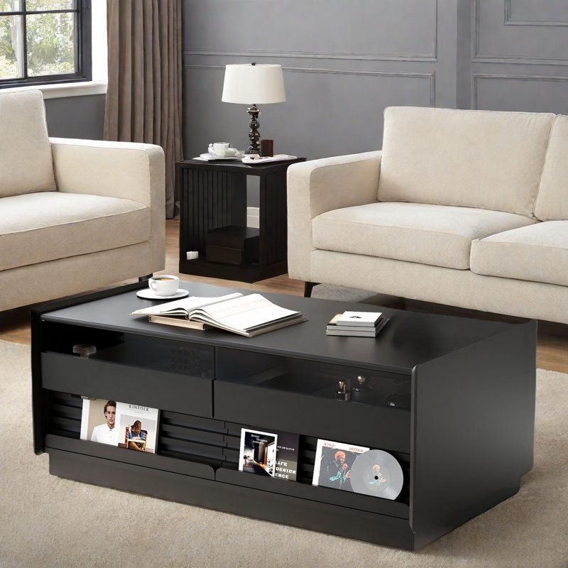 Table basse moderne moderne avec 4 tiroirs et 2 tablettes, Noir
