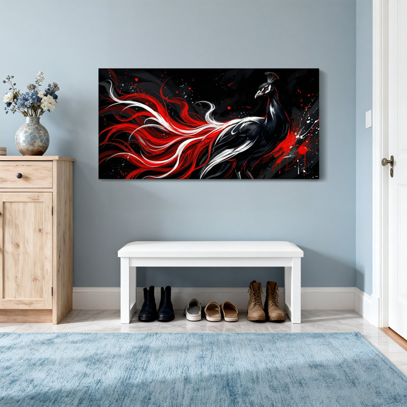 Animaux, paon noir avec plumes rouges et blanches, H 16 po x l 32 po