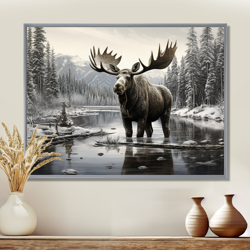 Orignal brun et blanc Winter Majesty - art mural orignal pour le salon, H 16 po x l 32 po, Reproduction avec cadre flottant