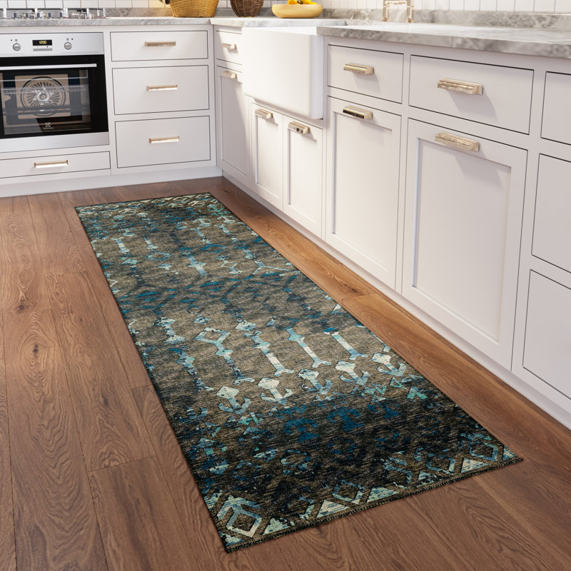 Tapis ikat bleu / brun Ardyth, Tapis de couloir 2 pi 3 po x 7 pi 6 po
