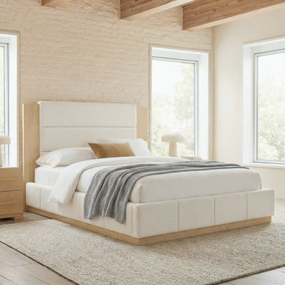 Upholstered Platform Bed Frame with Extended Wood Headboard, Modern Bed with Wood Base, No Box Spring Needed, King Size, White Boucle