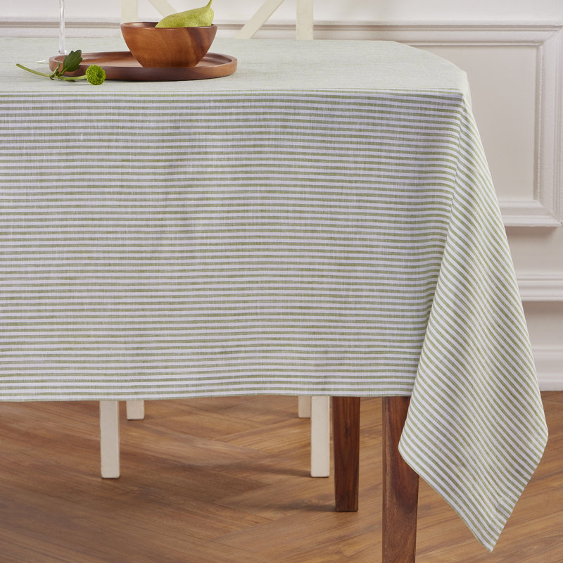 100% Pure Linen Tablecloth, Avocado/White, 132" L x 60" W, Narrow Stripe