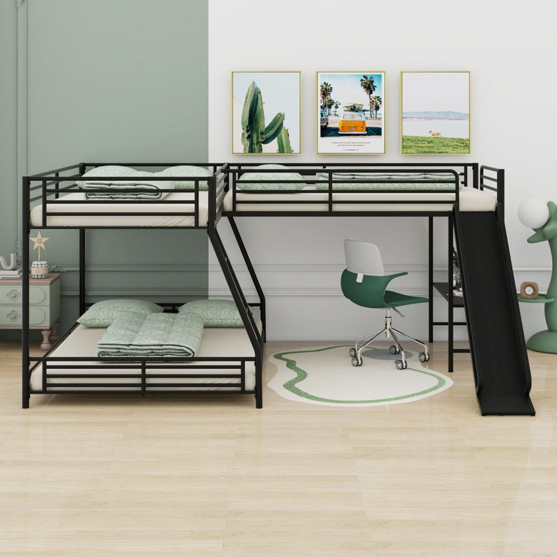 Lit superposé en L avec lit mezzanine, bureau intégré et glissade