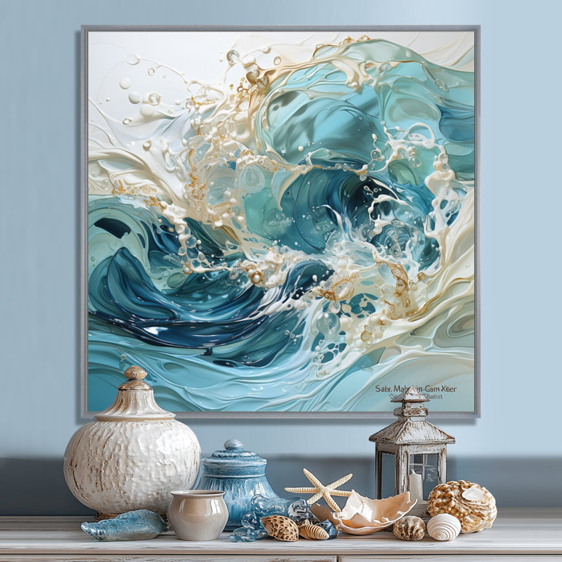 «Ocean Charm», art de vague liquide, H 16 po x l 16 po x P 1 po, Cadre argenté flottant