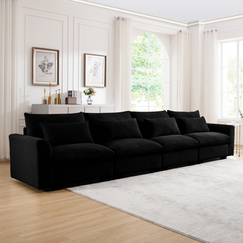Siège profond 4 places pour un salon confortable - Velours côtelé noir avec coussins