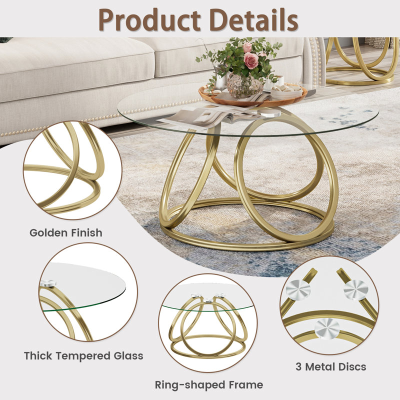 Paloalto Glass Top Coffee Table, Matte Gold