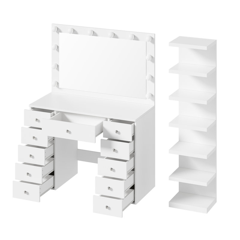 White Makeup Vanity Desk with 11 Drawers, 7-Tier Display Shelf, Hollywood Lights, and Power Outlet