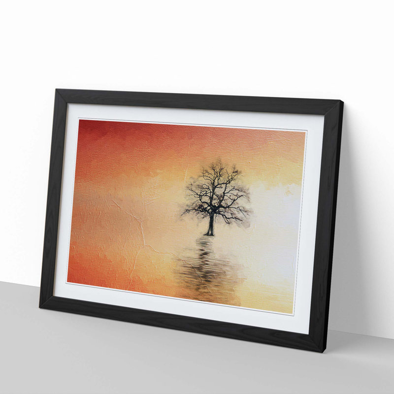 Tree Reflection at Sunset in Abstract - Picture Frame Painting Print, 36cm H x 48cm W x 2cm D, Black Framed