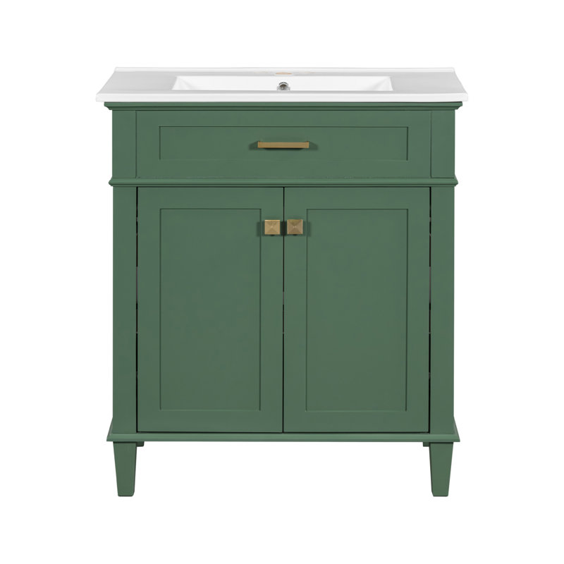 Green 30-Inch Solid Wood Bathroom Vanity with Ceramic Basin