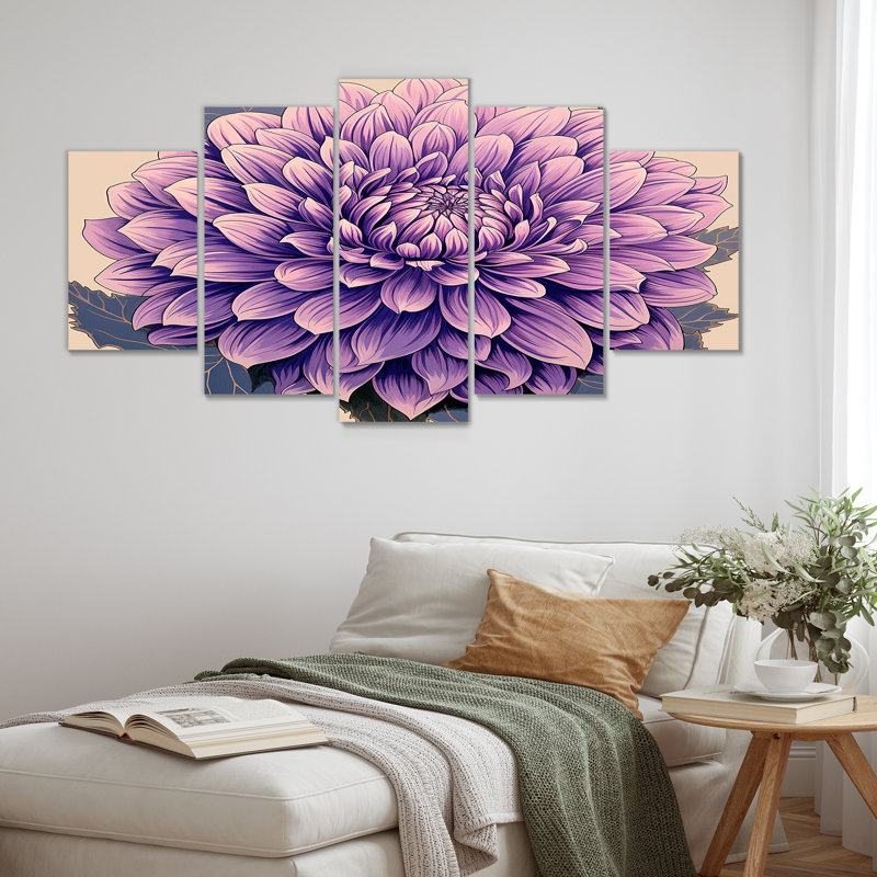 «Dahlia Blooming Retro Illustration - Dahlia», ensemble d'art mural 5 pièces